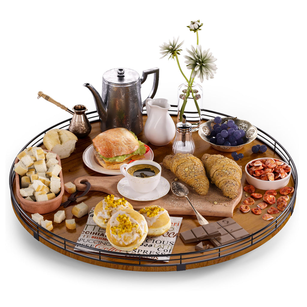 Farmhouse Oak 9" Lazy Susan Turntable Organizer for Cabinet, Round Wooden Lazy Susan Organization and Storage for Dining Table, Pantry, Kitchen, Countertop, Cupboard,Home Decor, Walnut Wood