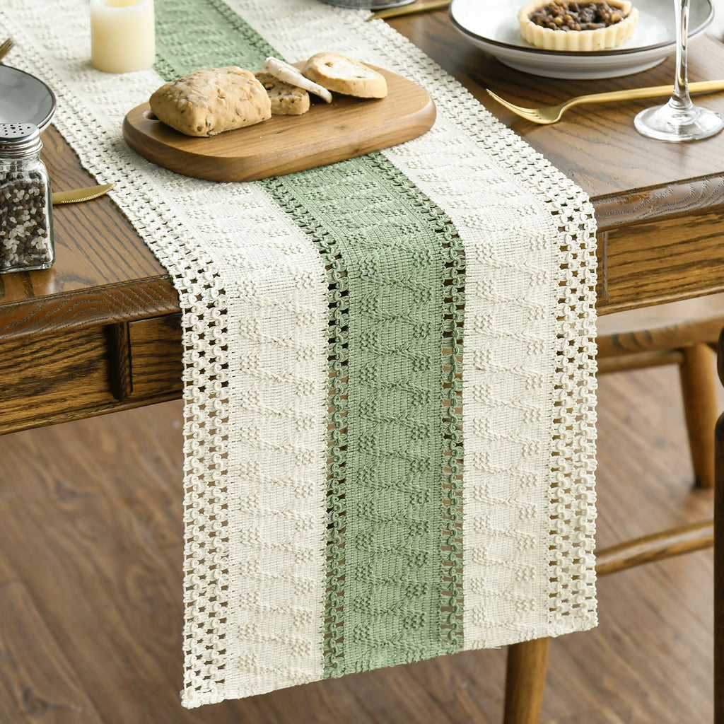 Artoid Mode Light Green Farmhouse Rustic Table Runner, Seasonal Holiday Hollow Kitchen Dining Table Decoration for Home Party Decor 12x72 Inch