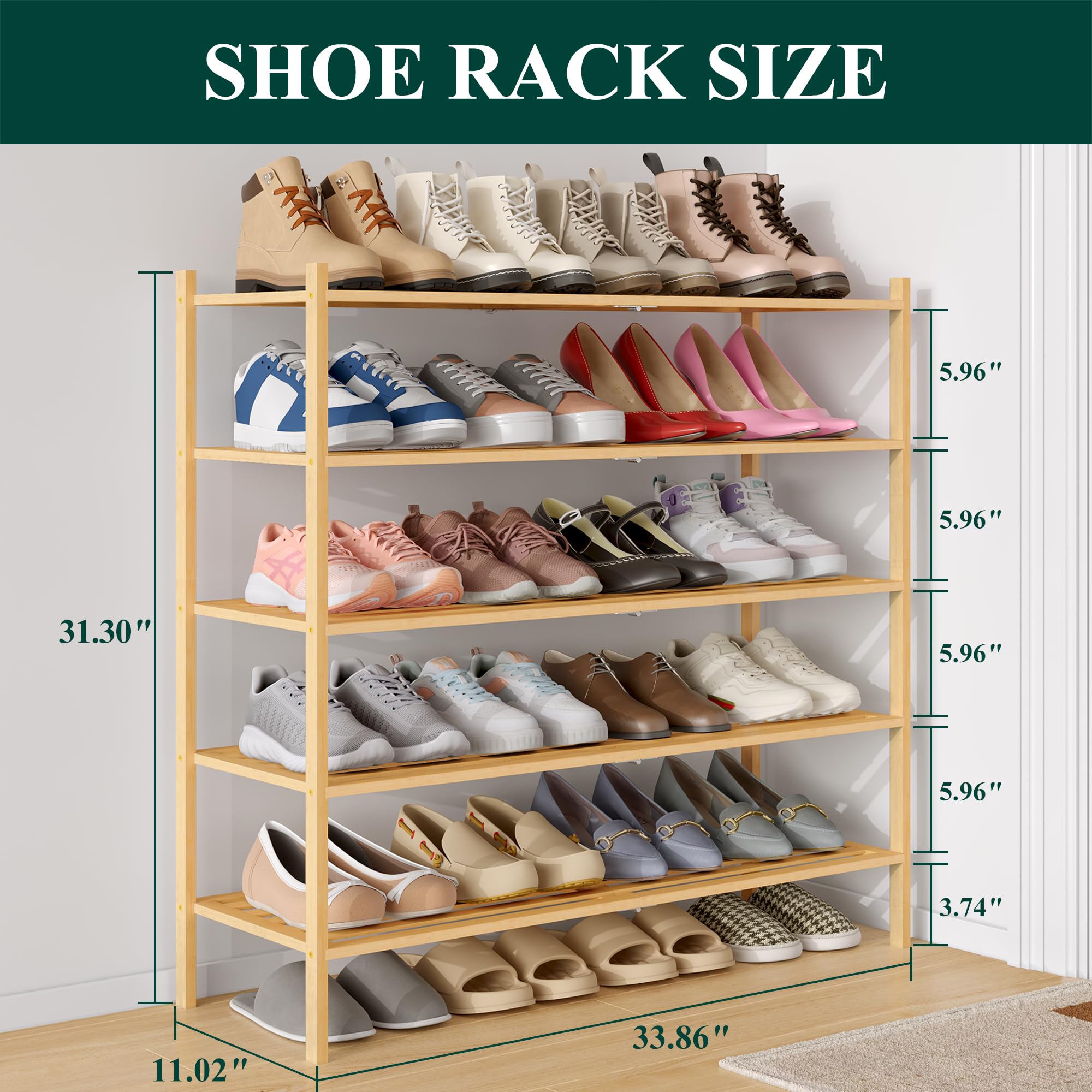 Smiry Bamboo Shoe Rack 3-Tier, Stackable Wooden Shoe Organizer for Entryway & Closet, Free Standing Wood Shoe Storage Shelf for Front Door & Small Spaces, Natural