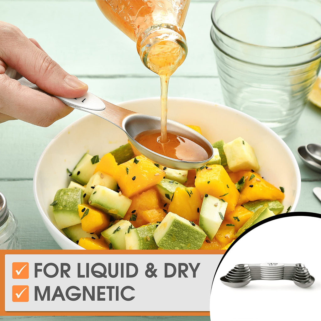 Spring Chef Stainless Steel Magnetic Measuring Spoons Set with Strong N45 Magnets, Heavy Duty Metal Kitchen Gadgets for Baking & Cooking, Fits in Most Kitchen Spice Jars, Set of 8 with Leveler, Black