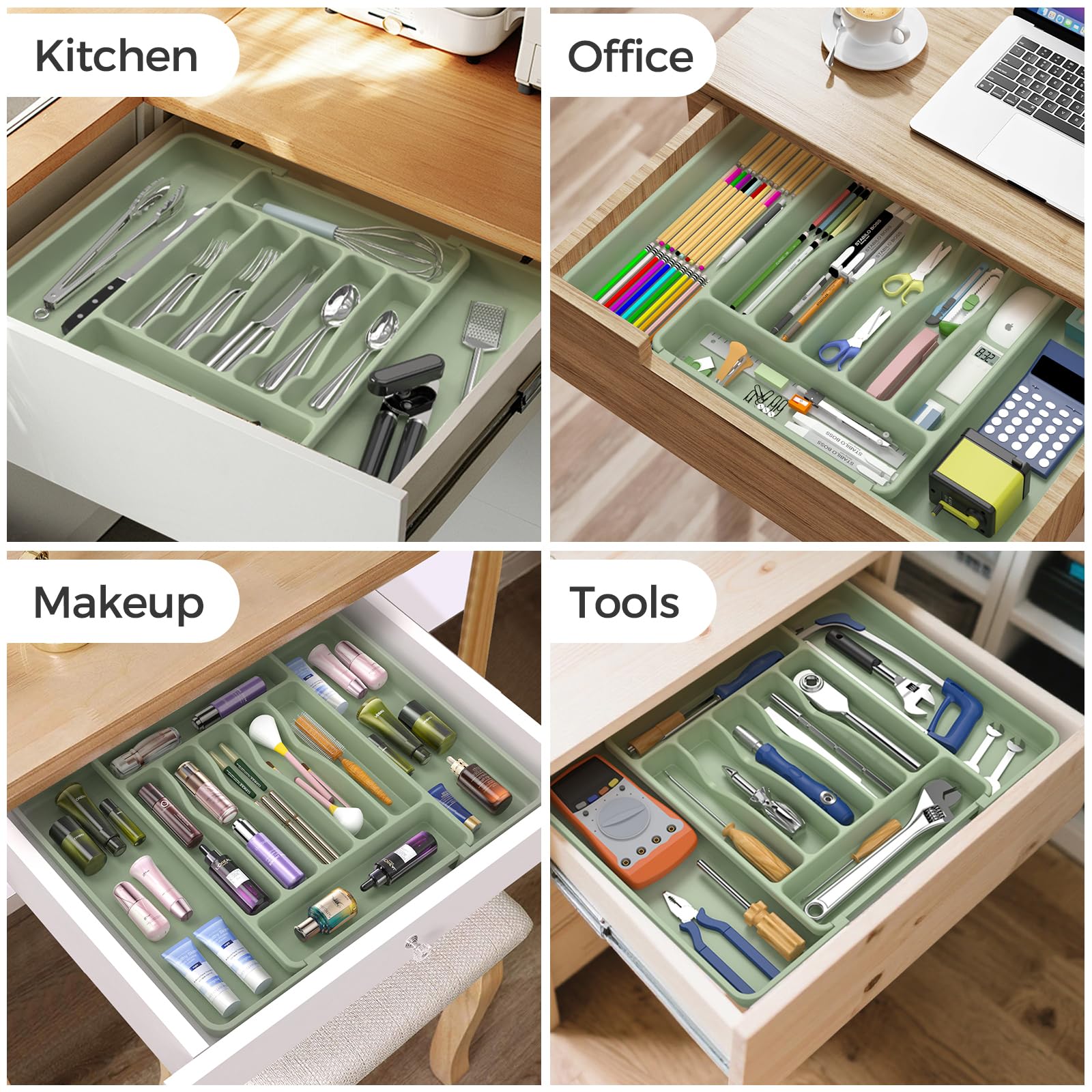 Extra Large Expandable Silverware Organizer, BPA-Free Food-Safe Cutlery Flatware Organizer, Kitchen Utensil Drawer Organizer, Adjustable Silverware Holder for Spoons Forks Knives, Black