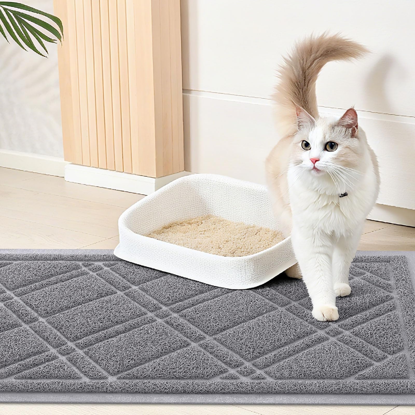 Smiry Cat Litter Box Mat 30x17, Non-Slip Water Resistant Litter Trapping Mat, Easy Clean Less Waste and Urine-Locking Cat Carpet for Indoor, Grey