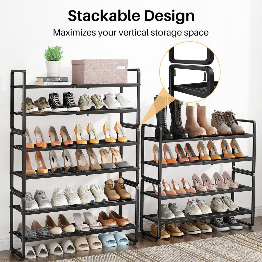 SNTD Shoe Rack - Expandable Shoe Organizer for Closet, Adjustable Metal Shoe Shelf Storage, Stackable Long Shoe Stand Holder for Garage, Entryway, Door Entrance (Black, 2-Tier)