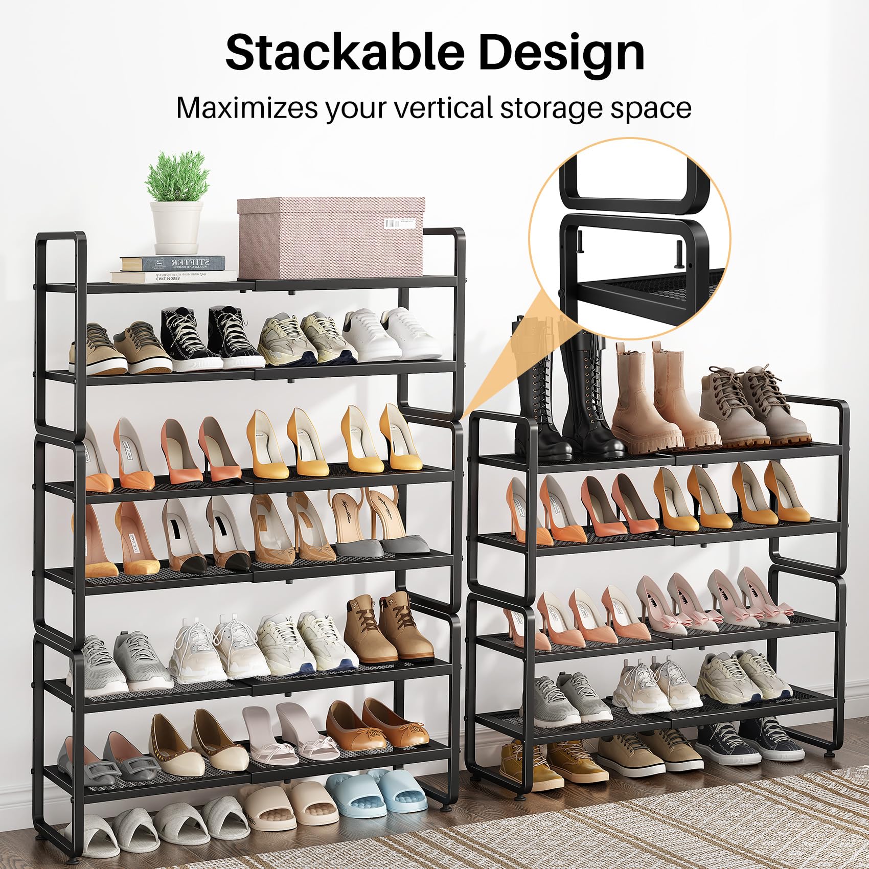 SNTD Shoe Rack - Expandable Shoe Organizer for Closet, Adjustable Metal Shoe Shelf Storage, Stackable Long Shoe Stand Holder for Garage, Entryway, Door Entrance (Black, 2-Tier)