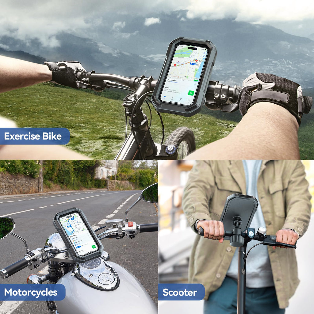 KDD Waterproof Bike Phone Holder - 360 Rotation Motorcycle Phone Mount, Fully Enclosed Touch Sensitive Design, Bicycle Phone Clamp Compatible with iPhone 16 Pro Max/15/14/13/12,4-6.7” Phones