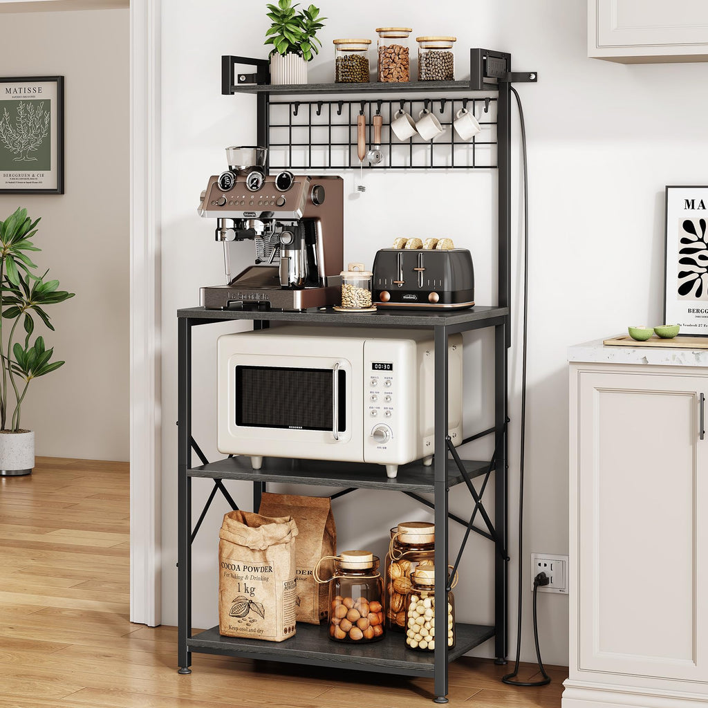 SNTD Bakers Rack with Power Outlet, Kitchen Shelves Microwave Stand with Wire Grid and 10 Hooks, 4 Tiers Coffee Stand (Rustic Brown, 23.5 x 15.6 x 52.8 Inches)
