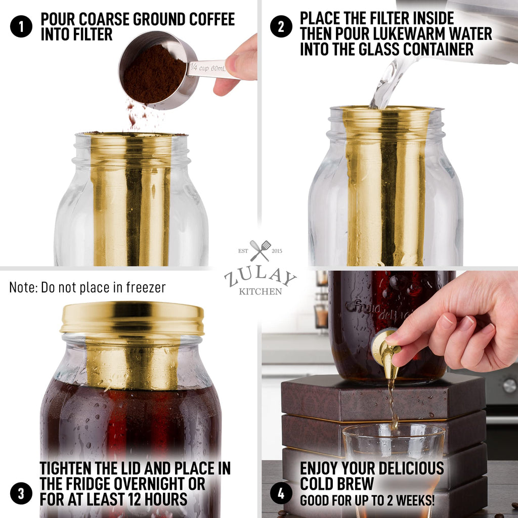 Zulay 1 Gallon/128oz Cold Brew Coffee Maker – Thick Glass Pitcher with Stainless Steel Filter, Lid & Spout – Large Mason Jar Container Dispenser - Iced Coffee & Sun Tea Brewer for Fridge – Silver