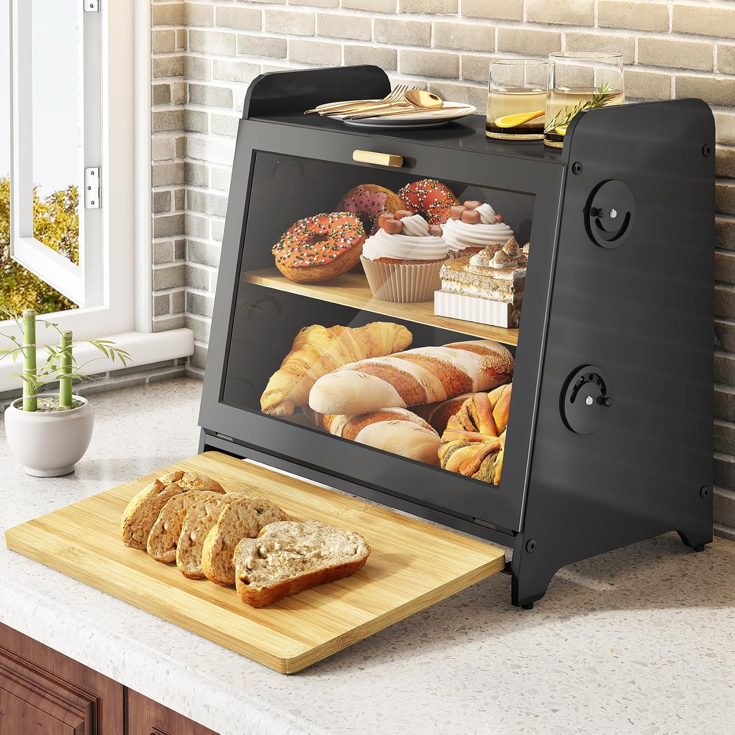 SNTD Bread Box for Kitchen Countertop, Airtight Homemade Bread Storage Container with Adjustable Vent Holes, Bamboo Cutting Board (Black, L)