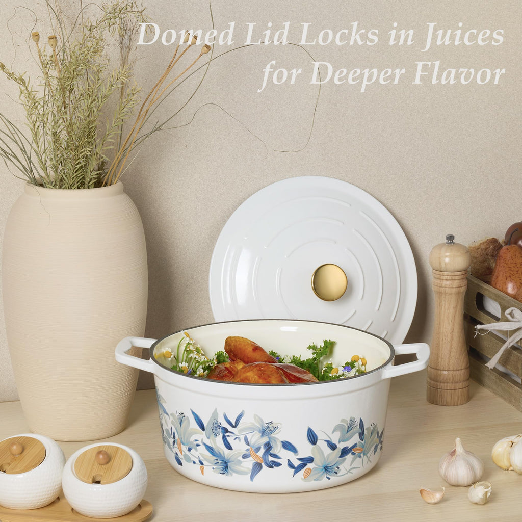 CAROTE 5 QT Cast Iron Dutch Oven Pot with Lid, Enameled Floral Dutch Ovens with Cotton Potholders & Oven Gloves, Gift Box, Cast Iron Pot for Sourdough Bread Baking, Braising, Stews, Roasting, Dual Handles, All Stovetop Compatible, Oven Safe up to 500° F,