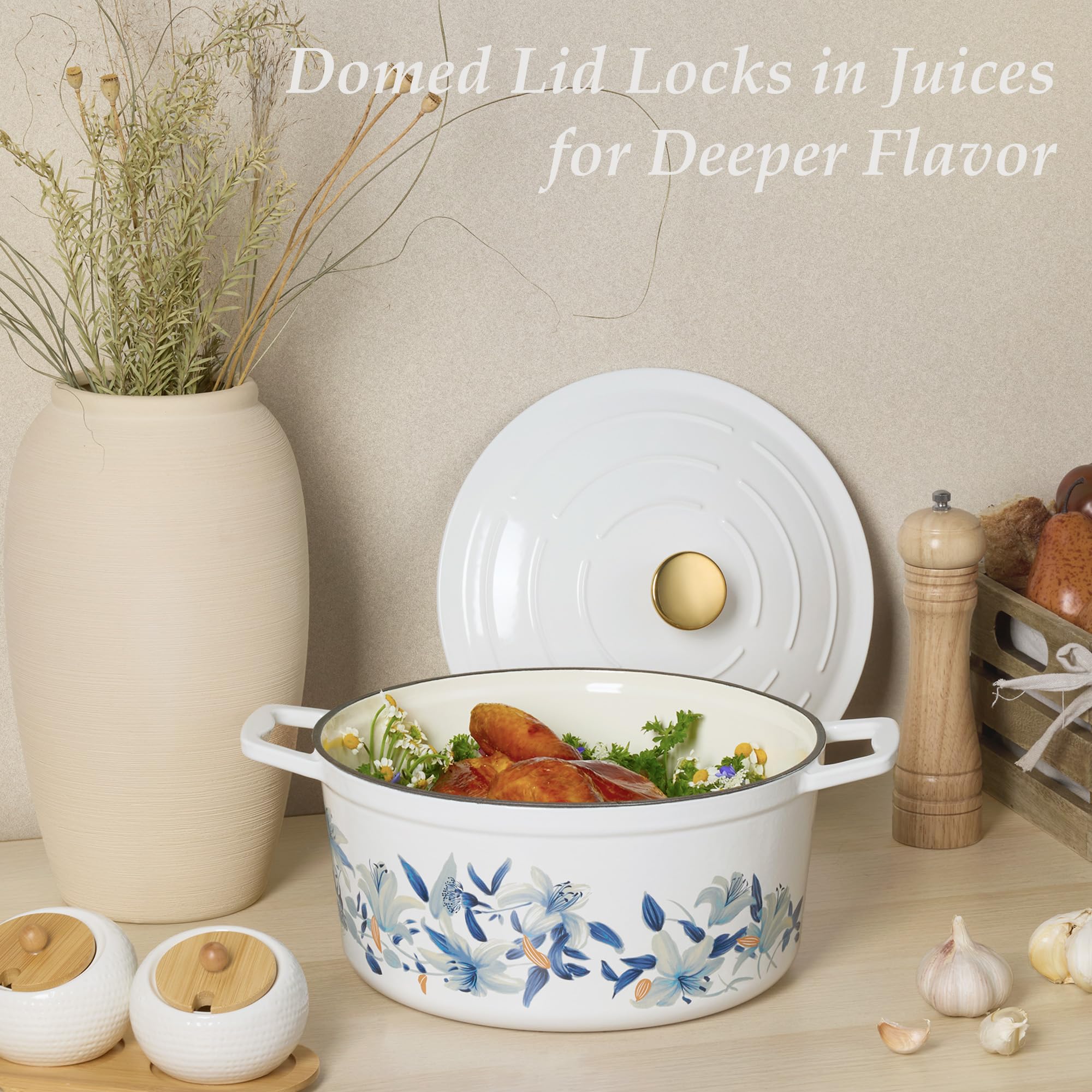 CAROTE 5 QT Cast Iron Dutch Oven Pot with Lid, Enameled Floral Dutch Ovens with Cotton Potholders & Oven Gloves, Gift Box, Cast Iron Pot for Sourdough Bread Baking, Braising, Stews, Roasting, Dual Handles, All Stovetop Compatible, Oven Safe up to 500° F,