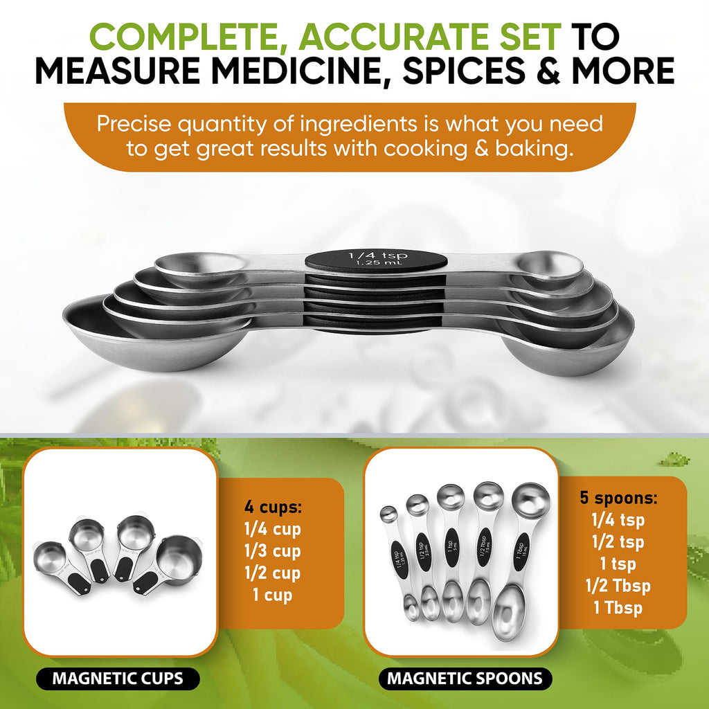 Spring Chef Magnetic Measuring Cups & Spoons Set, Patented, Strong N45 Magnets, Heavy Duty Stainless Steel Fits in Spice Jars for Baking & Cooking, BPA Free, Round Set of 15 with Leveler, Black