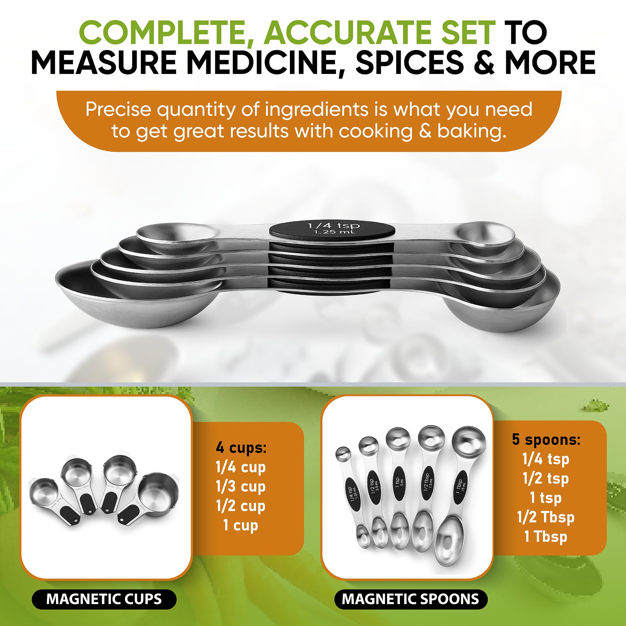 Spring Chef Magnetic Measuring Cups & Spoons Set, Patented, Strong N45 Magnets, Heavy Duty Stainless Steel Fits in Spice Jars for Baking & Cooking, BPA Free, Round Set of 15 with Leveler, Black