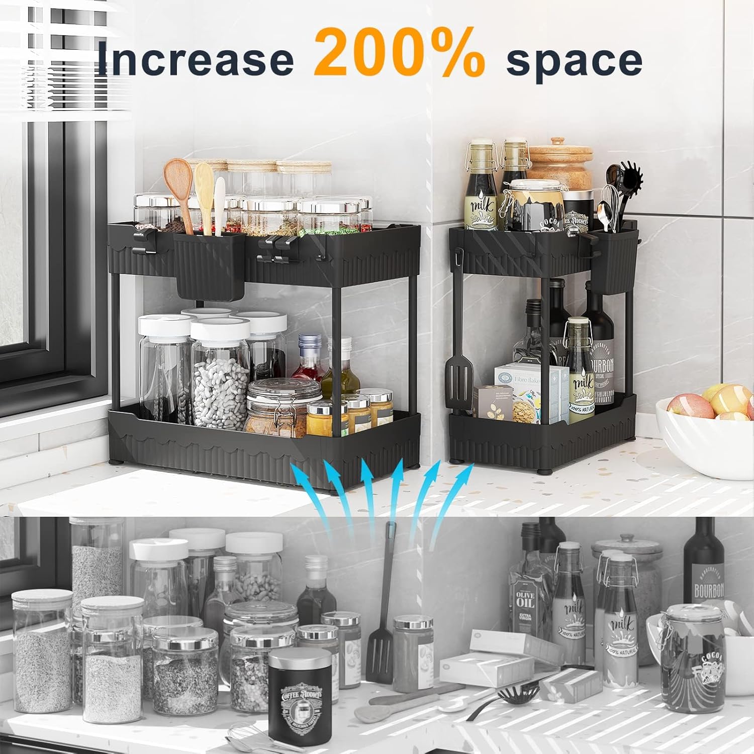 2 Tier Fruit Basket for Kitchen Counter with 2 Banana Hangers, 2 Packe of Under Sink Organizers with Hooks Hanging Cup for Kitchen and Bathroom