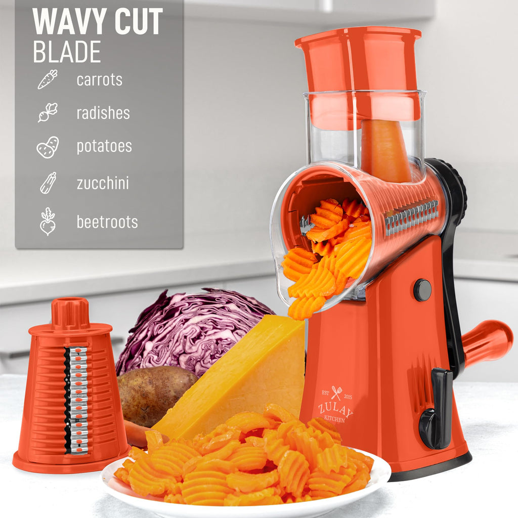 Zulay Kitchen Rotary Cheese Grater 5 Blade Cheese Shredder - Manual Hand Crank Cheese Grater With Reinforced Suction & 5 Interchangeable Drums - Easy to Use, Vegetable Chopper Round Mandoline Slicer