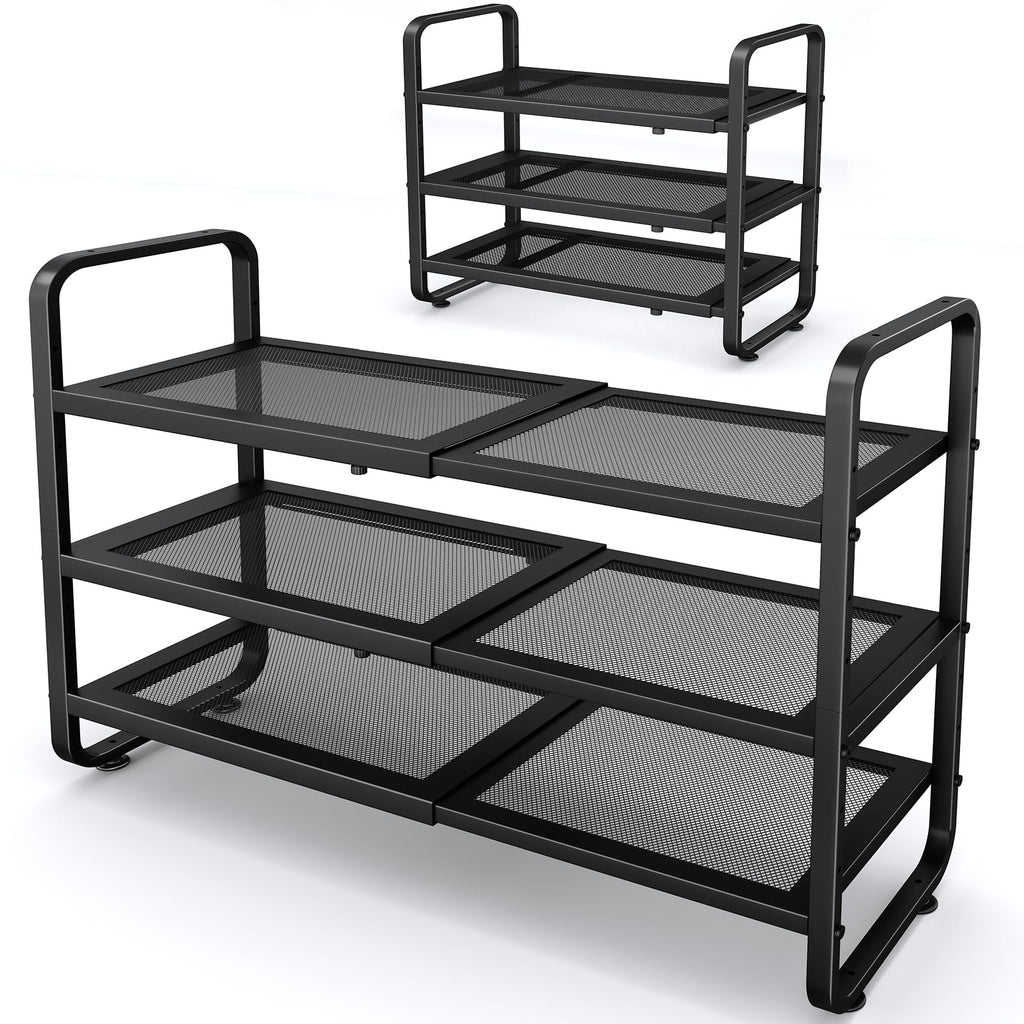 SNTD Shoe Rack - Expandable Shoe Organizer for Closet, Adjustable Metal Shoe Shelf Storage, Stackable Long Shoe Stand Holder for Garage, Entryway, Door Entrance (Black, 2-Tier)