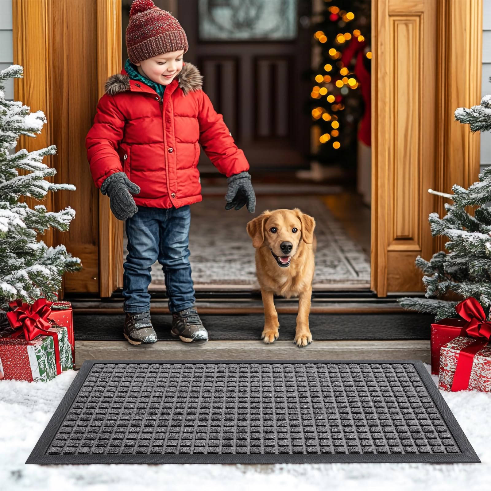 Smiry Front Door Mat Outside Entrance, Heavy Duty Natural Rubber Doormat, Non Slip, Trap Dirt and Moisture, Easy Clean, Low Profile Welcome Floor Mats for Indoor Outdoor Entry, 29.5x17 Inch, Black