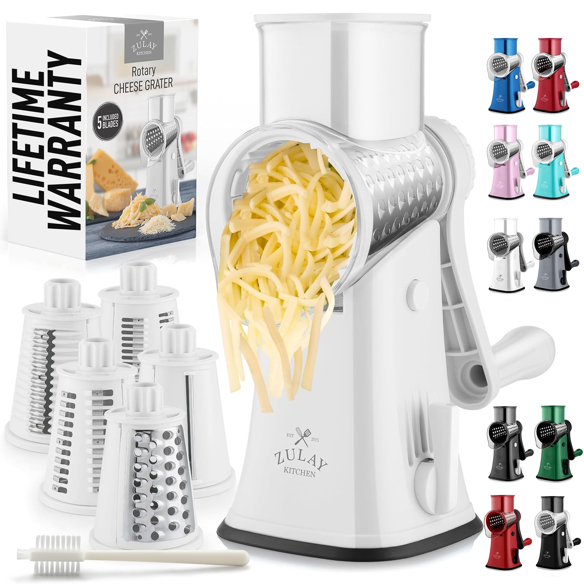 Zulay Kitchen Rotary Cheese Grater 5 Blade Cheese Shredder - Manual Hand Crank Cheese Grater With Reinforced Suction & 5 Interchangeable Drums - Easy to Use, Vegetable Chopper Round Mandoline Slicer