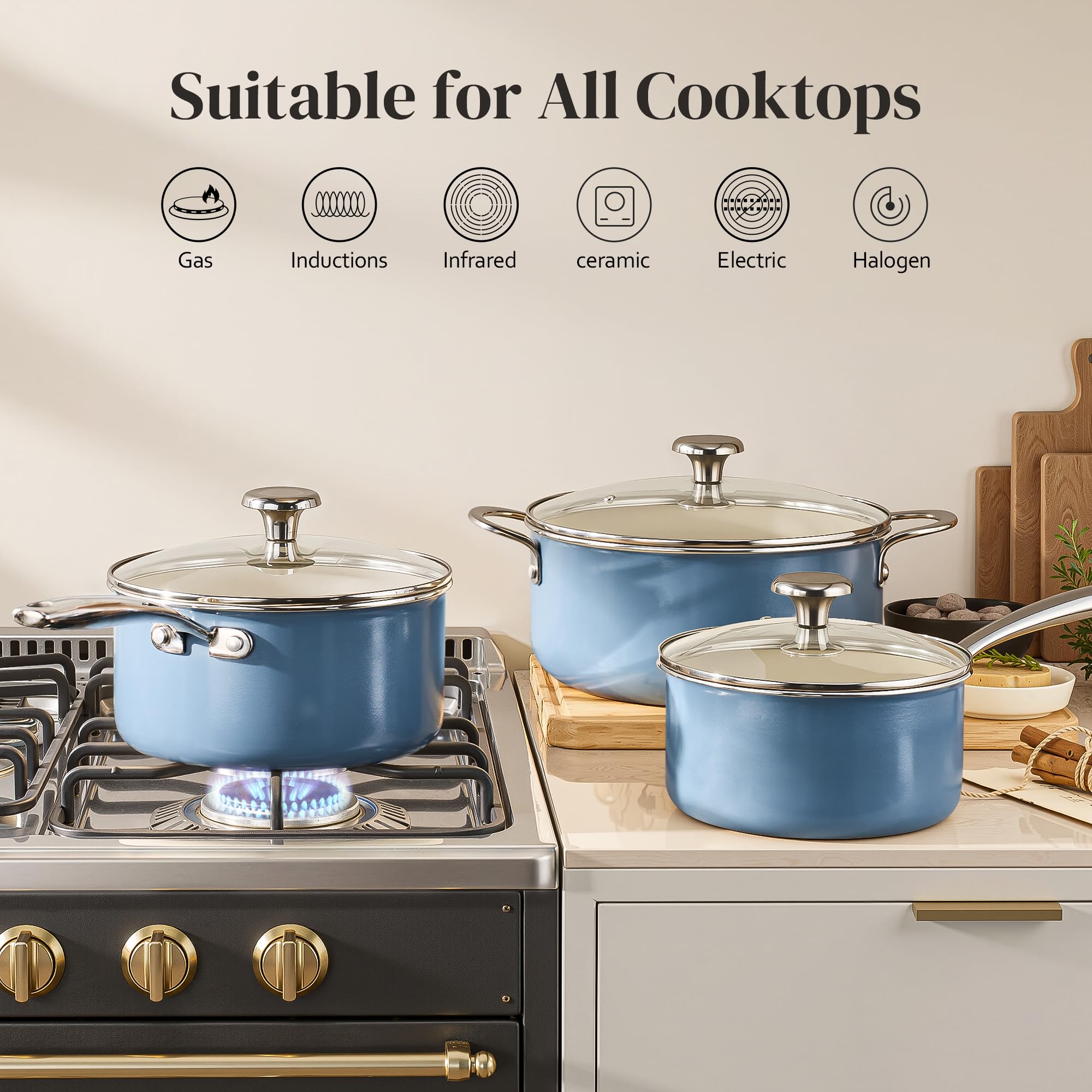 Redchef Cooking Pot Set Induction 5Qt, Saucepan Set 2.5/3.5Qt Nonstick Ceramic Cookware Set, Compatible All Cooktops, Even Heat, Stay-Cool Handles, Oven/Dishwasher Safe, PTFE PFAS Free (Beige)