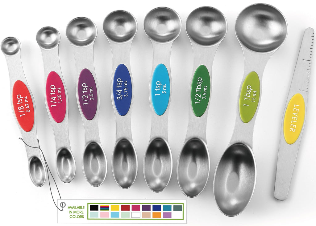 Spring Chef Stainless Steel Magnetic Measuring Spoons Set with Strong N45 Magnets, Heavy Duty Metal Kitchen Gadgets for Baking & Cooking, Fits in Most Kitchen Spice Jars, Set of 8 with Leveler, Black