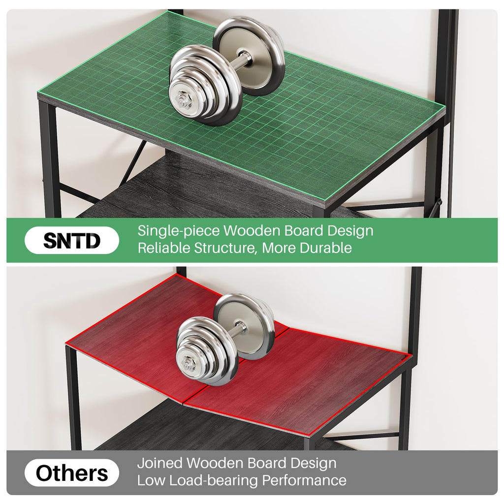 SNTD Bakers Rack with Power Outlet, Kitchen Shelves Microwave Stand with Wire Grid and 10 Hooks, 4 Tiers Coffee Stand (Rustic Brown, 23.5 x 15.6 x 52.8 Inches)