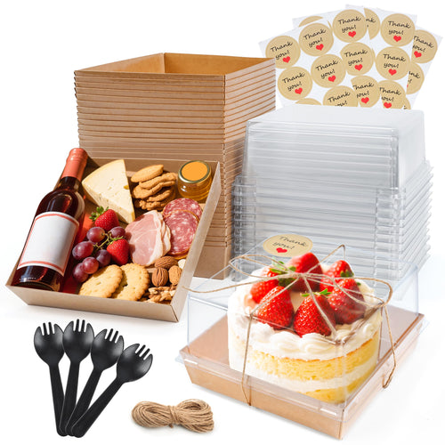 20 Pack Small Cake Boxes Charcuterie Boxes Mini Cake Containers With Lids For 4-6-inch Cake Pudding Sandwich Pie Bakery Dessert(Brown 7x7x4 inch)
