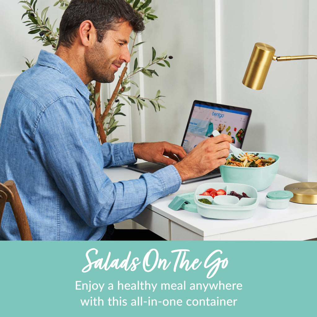 Bentgo Salad Container - 54 oz Bowl with 4-Compartment Toppings Tray, Leak-Proof Dressing Container, Reusable Fork, BPA-Free Lunch Box for Meal Prep & Food Storage; Removable Bento Tray (Khaki Green)