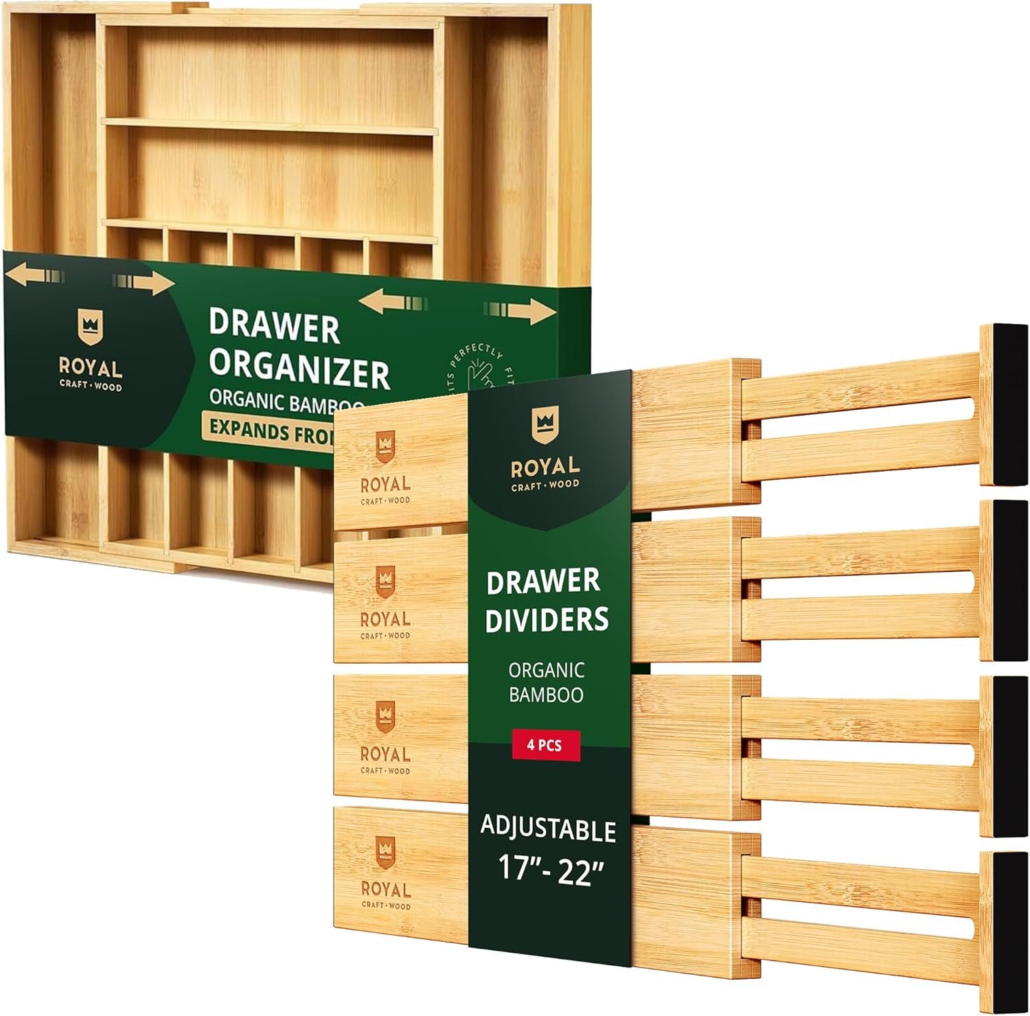 ROYAL CRAFT WOOD Drawer Divider and Organizer for Kitchen Organization - Luxury Bamboo Silverware Drawer Organizer