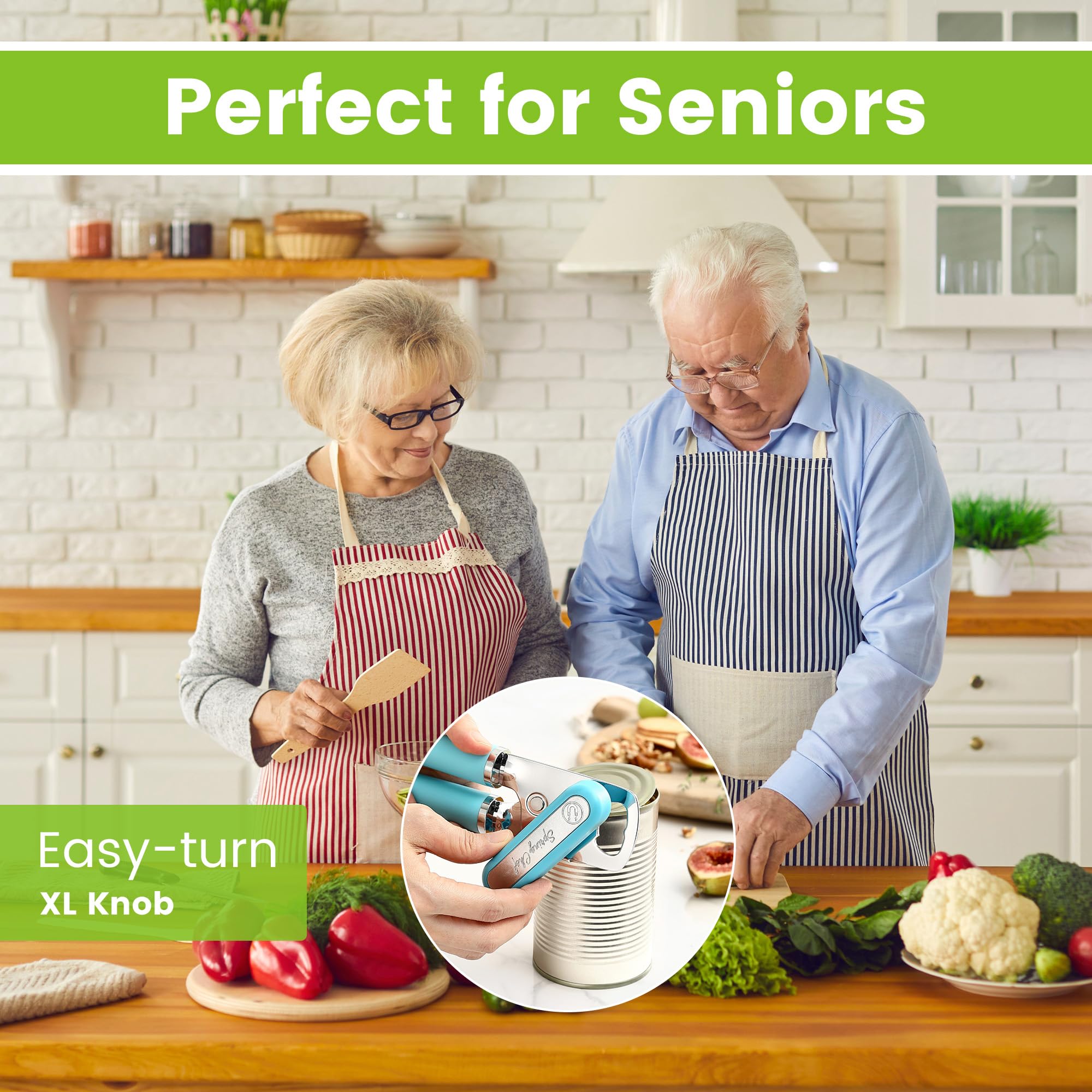 Spring Chef Stainless Steel Can Opener - Manual with Soft Grip Handles, Easy Turn, Heavy Duty Hand Can Openers for Seniors with Smooth Edge - Magnetic Lid Remover - Black