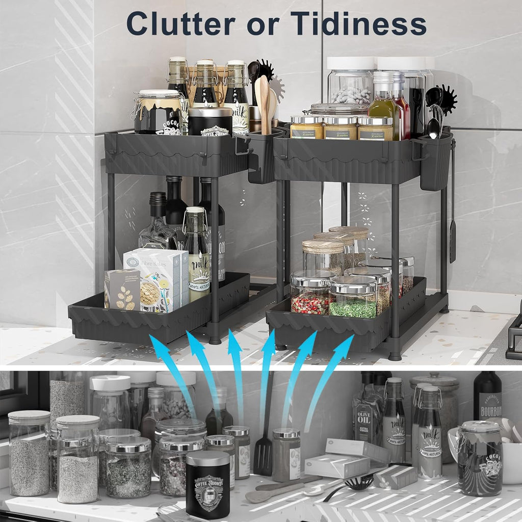 Under Sink Organizer, 2 Tier Sliding Bathroom Cabinet Organizer and Storage，Multi-purpose Under Kitchen Sink Oragnizers and Storage (Black 2Pack)