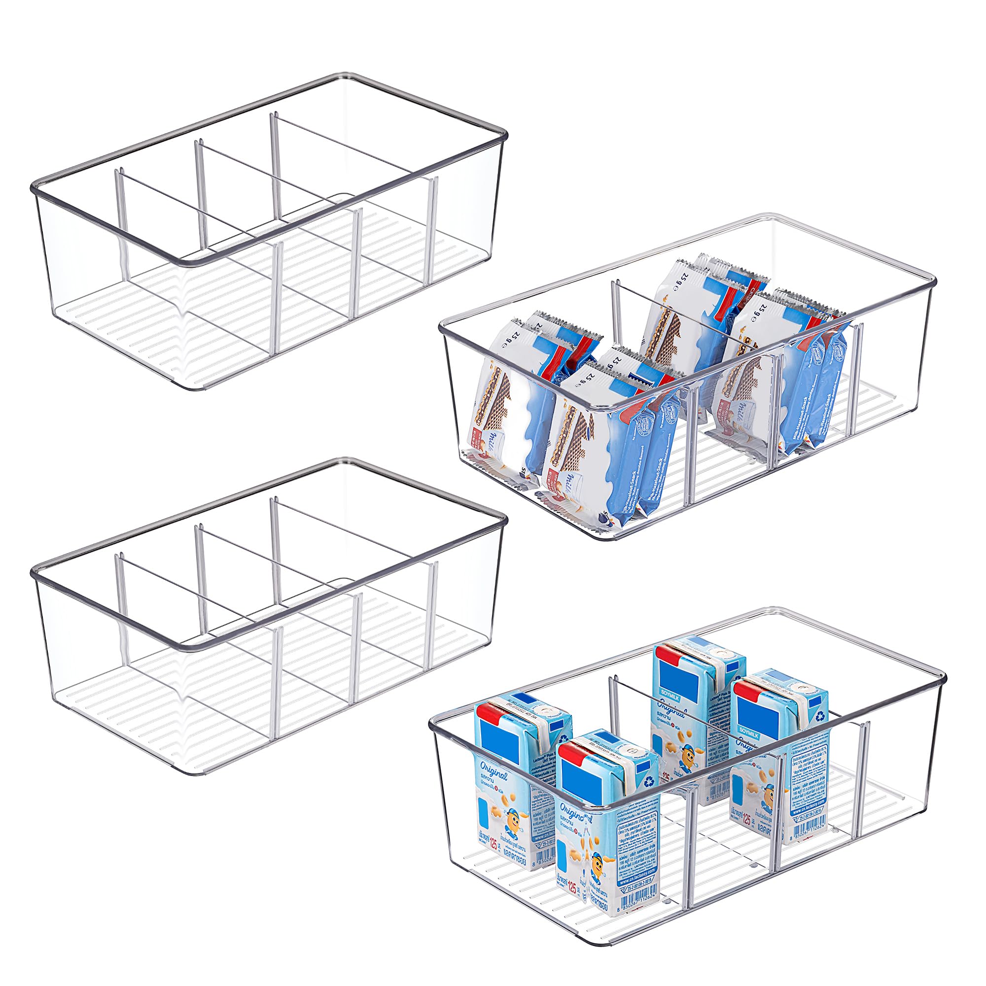 Vtopmart 8 Pack Food Storage Organizer Bins, Clear Plastic Bins for Pantry, Kitchen, Fridge, Cabinet Organization and Storage, 4 Compartment Holder for Packets, Snacks, Pouches, Spice Packets