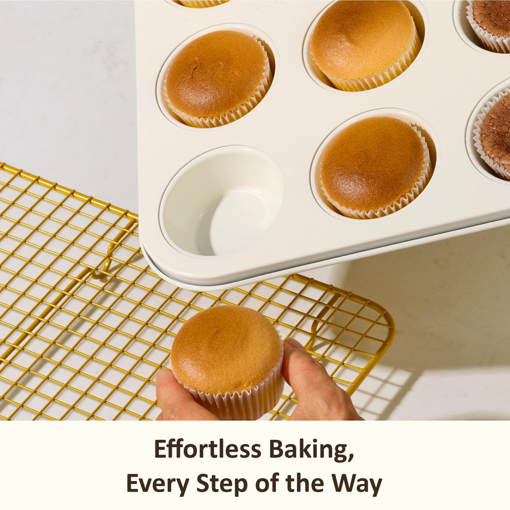 CAROTE 6-Piece Nonstick Ceramic Baking Pans Set - Bakeware Sets Including Cookie Sheets for Baking, Muffin Pan, Bread Pan, Cake pan, Loaf Pan, Cooling Rack, Light Blue & Cream White