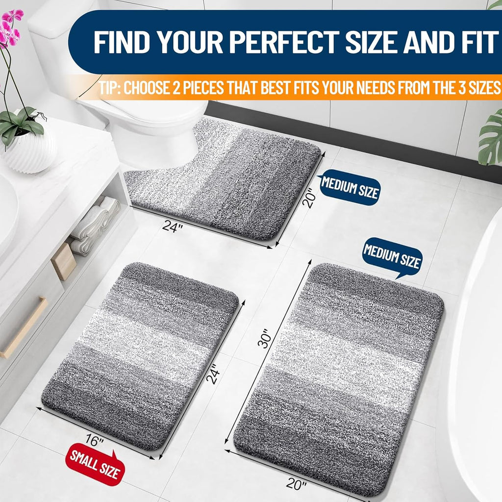 OLANLY Bathroom Rug Set 2 Piece, Soft Absorbent Microfiber Bath Mats and U-Shaped Contour Toilet Rug, Non-Slip, Machine Wash Dry, Plush Shaggy Bath Mats for Bathroom (24"x16"+24"x20", Grey)