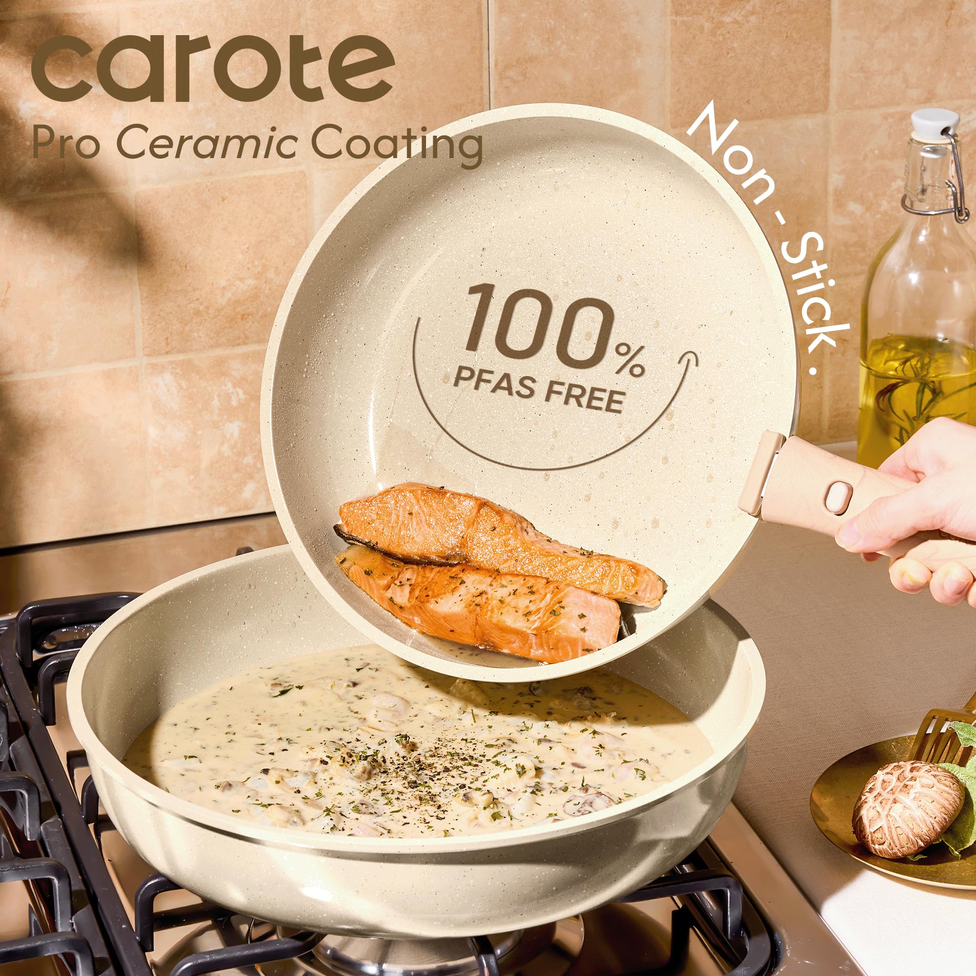 CAROTE 22PCS Pots and Pans set Non Stick, Ceramic Cookware Set, RV Kitchen Cooking Set Removable Handles, Oven Safe, Induction Coolware, Non-toxic Kitchen Cooking Set, PFAS and PFOA Free