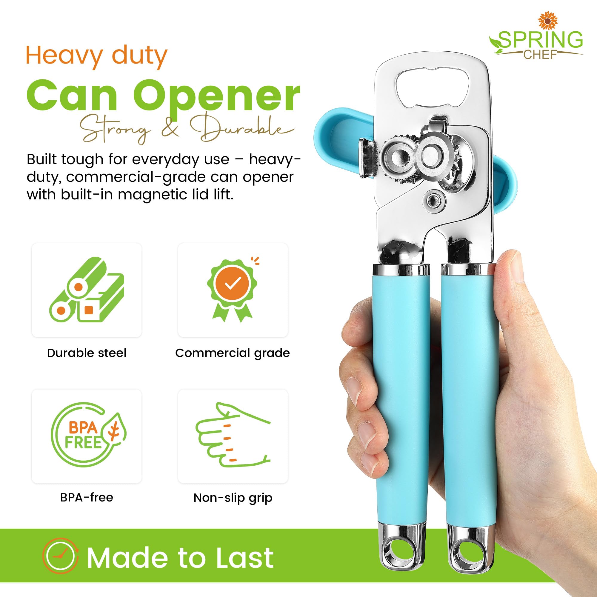 Spring Chef Stainless Steel Can Opener - Manual with Soft Grip Handles, Easy Turn, Heavy Duty Hand Can Openers for Seniors with Smooth Edge - Magnetic Lid Remover - Black