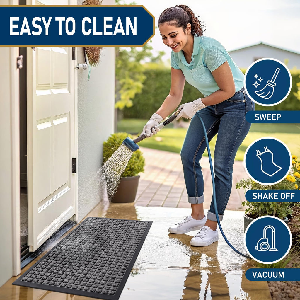 Smiry Front Door Mat Outside Entrance, Heavy Duty Natural Rubber Doormat, Non Slip, Trap Dirt and Moisture, Easy Clean, Low Profile Welcome Floor Mats for Indoor Outdoor Entry, 29.5x17 Inch, Black