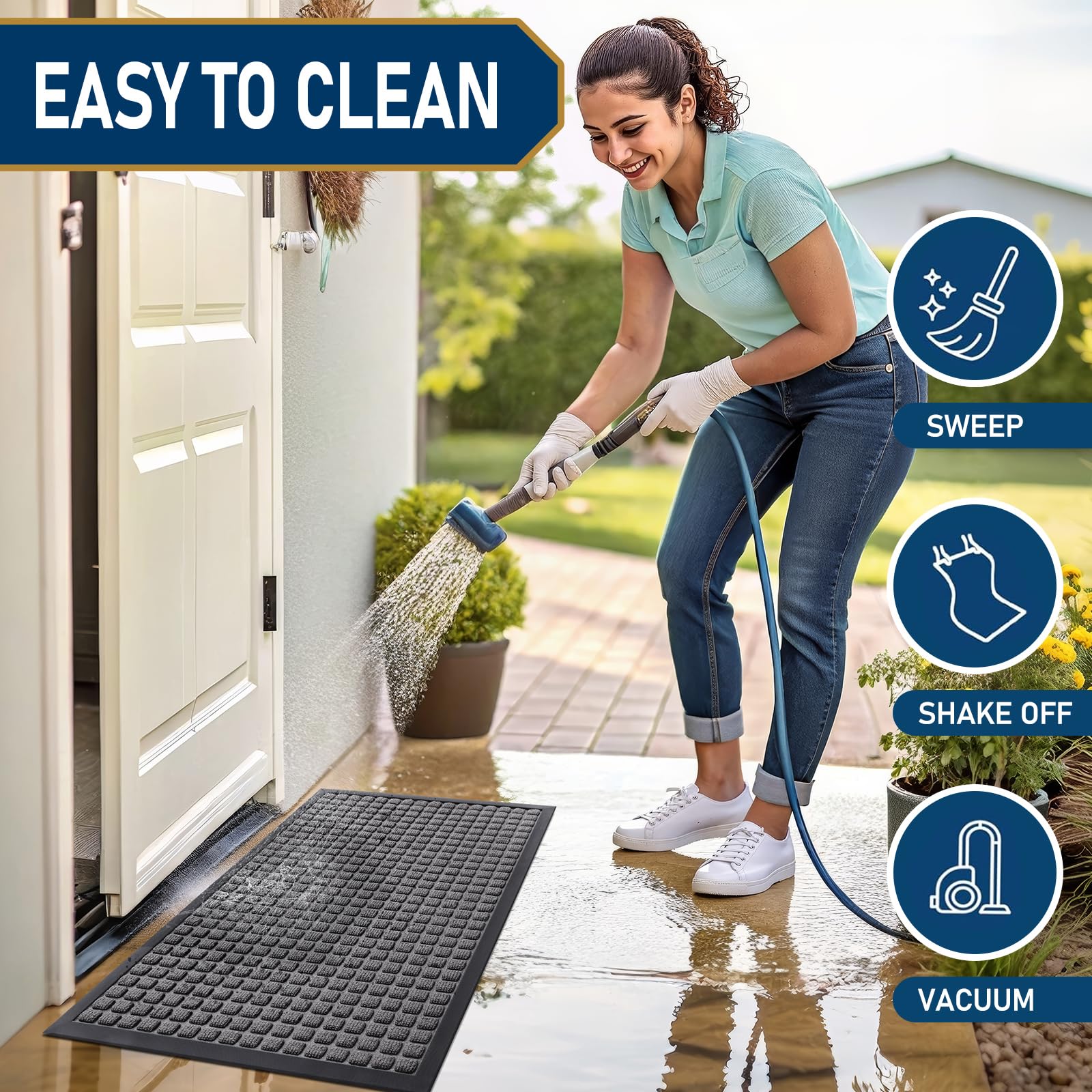 Smiry Front Door Mat Outside Entrance, Heavy Duty Natural Rubber Doormat, Non Slip, Trap Dirt and Moisture, Easy Clean, Low Profile Welcome Floor Mats for Indoor Outdoor Entry, 29.5x17 Inch, Black