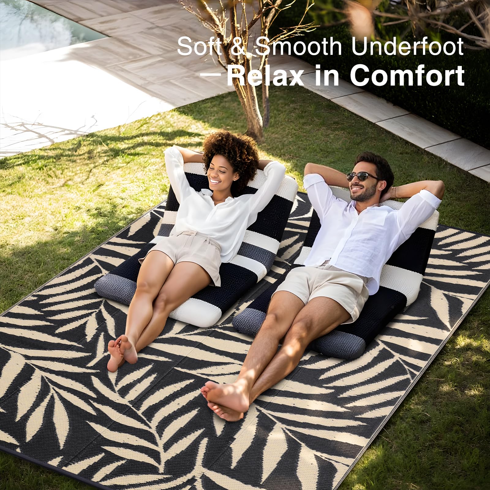 OLANLY Waterproof Outdoor Rug 5x8 ft, Reversible Outdoor Plastic Straw Rug with Leaf Pattern, RV Mat, Indoor Outdoor Carpet for Patio, Camping, Balcony, Deck, Backyard, Grey & White