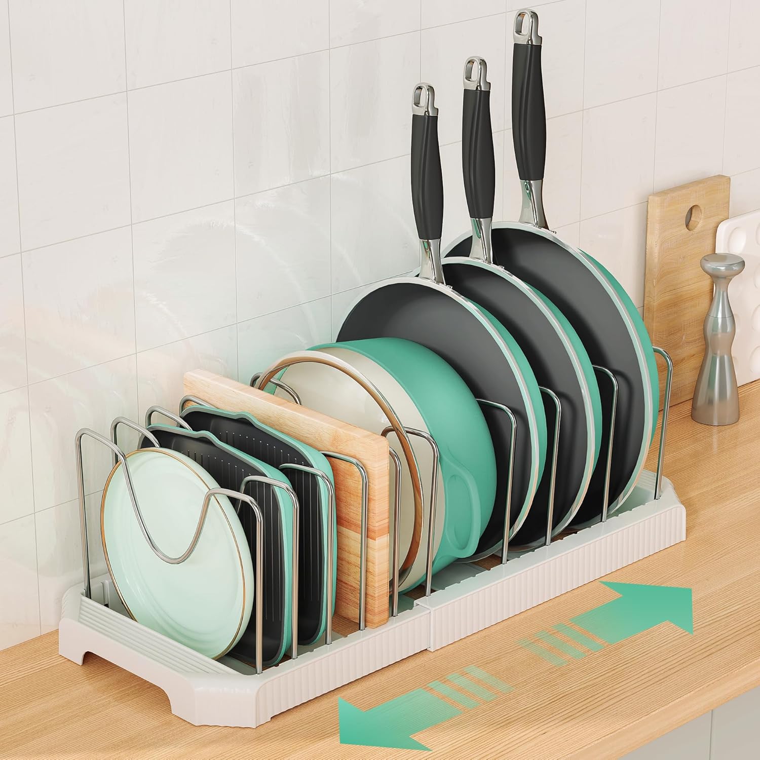ORDORA Pots and Pans Organizer under Cabinet with Pan Holder, Pots and Pans Organizer for under Cabinet, Pan Pot Organizers inside Cabinet, Expandable Organizer with 10 Adjustable Dividers