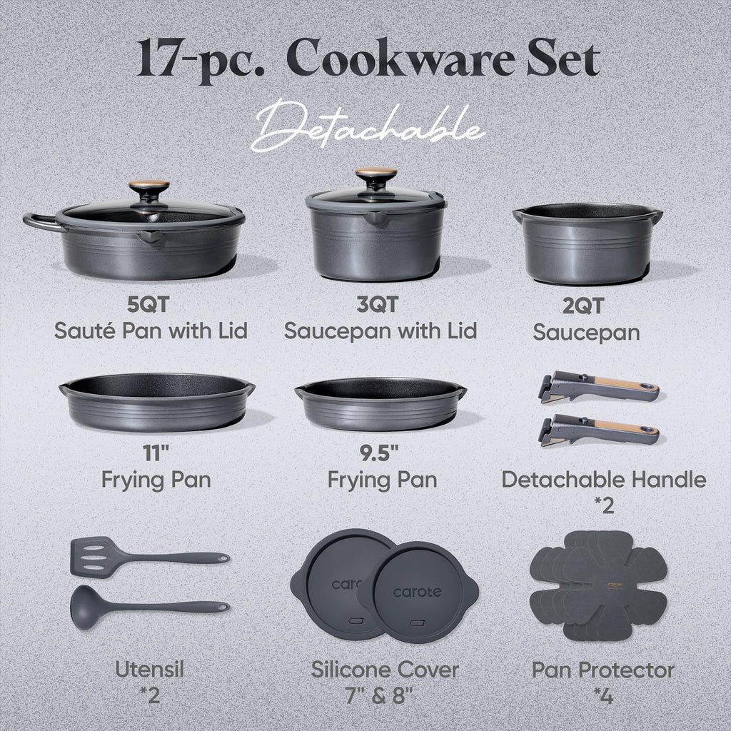 CAROTE 20Pcs Titanium Cookware Set, Pots and Pans Set Non Stick, Kitchen Cooking Set with Detachable Handle, Non Toxic Induction Cookware, Dishwasher/Oven Safe