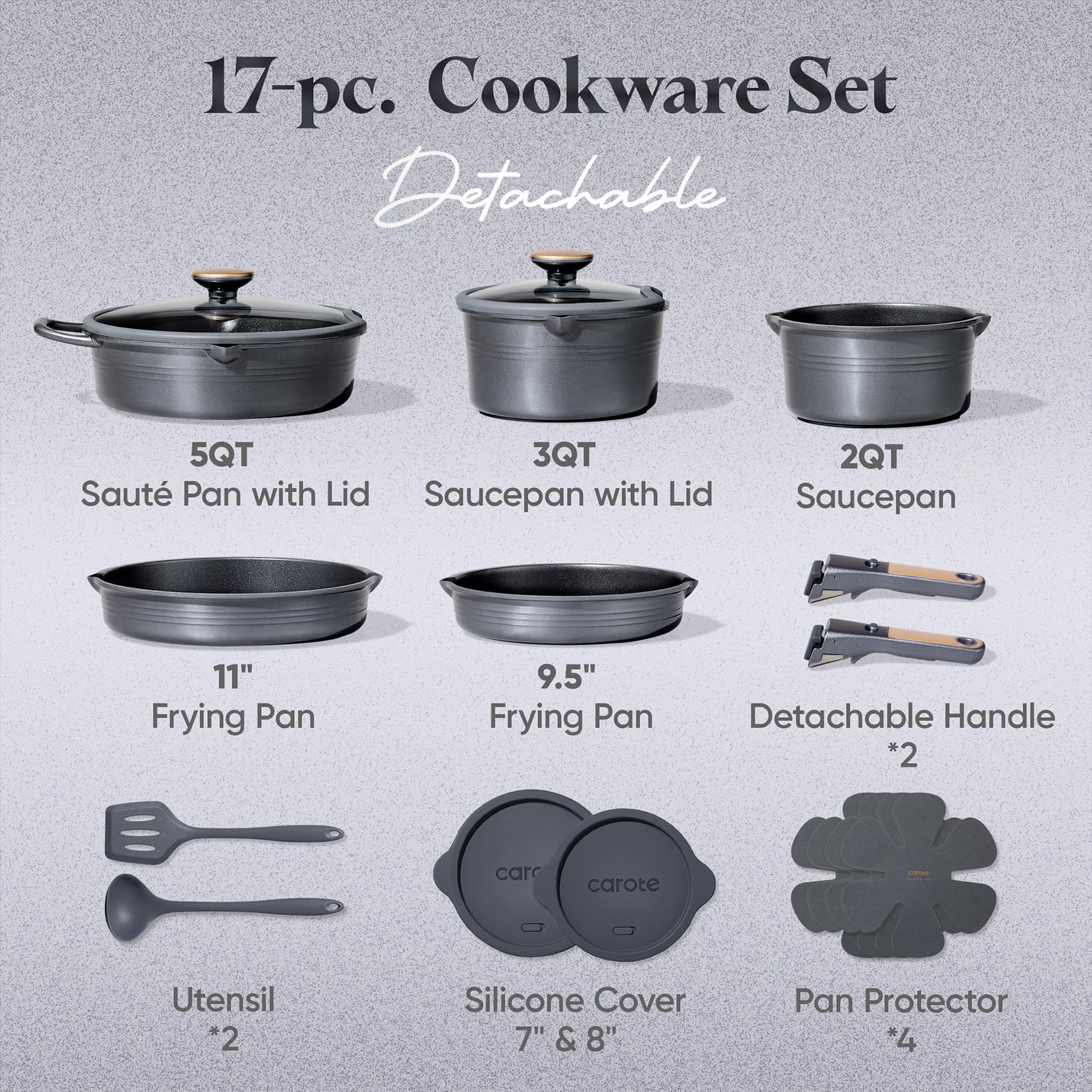 CAROTE 20Pcs Titanium Cookware Set, Pots and Pans Set Non Stick, Kitchen Cooking Set with Detachable Handle, Non Toxic Induction Cookware, Dishwasher/Oven Safe