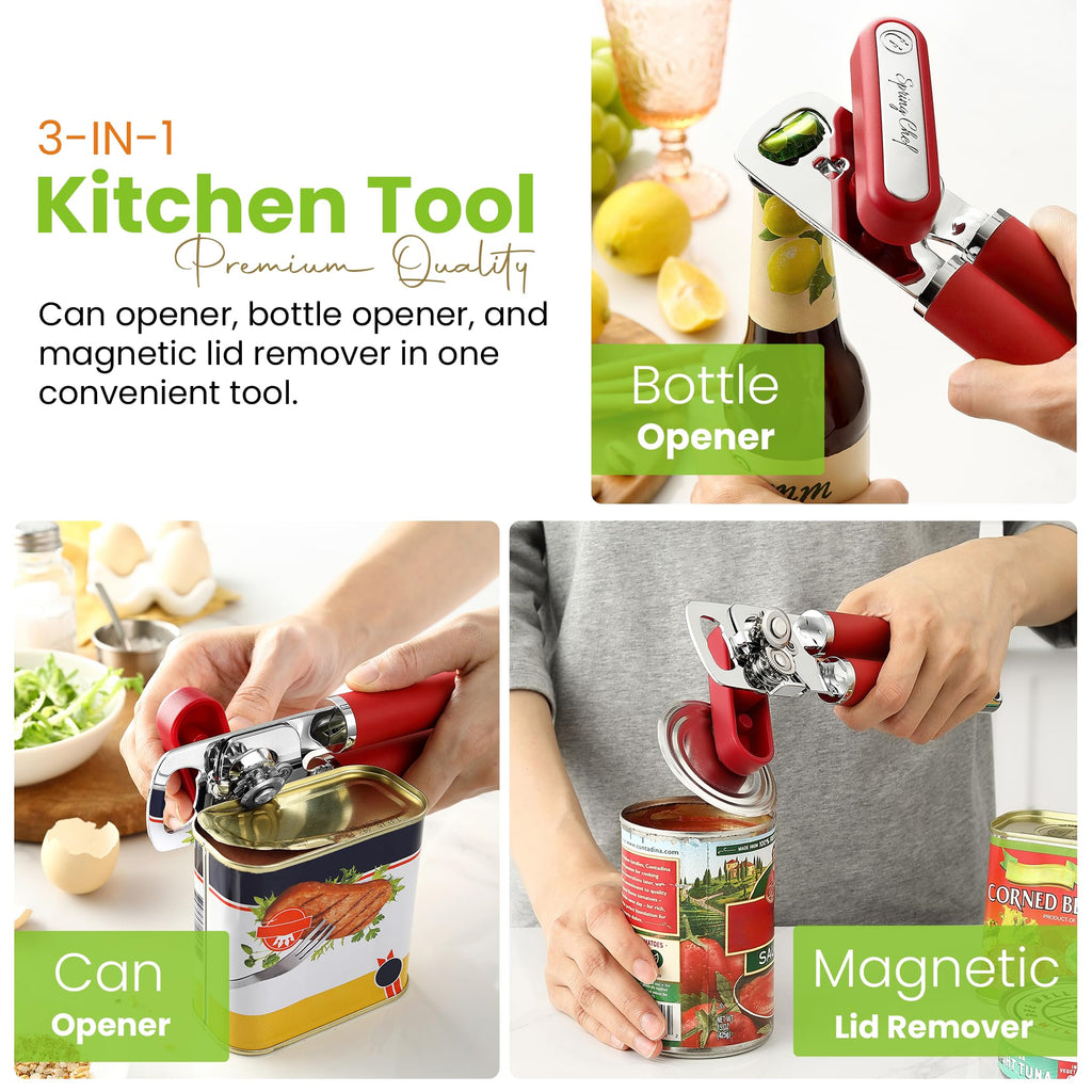 Spring Chef Stainless Steel Can Opener - Manual with Soft Grip Handles, Easy Turn, Heavy Duty Hand Can Openers for Seniors with Smooth Edge - Magnetic Lid Remover - Black