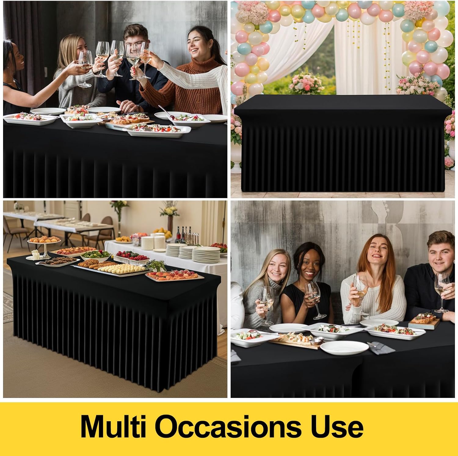 Smiry Spandex Tablecloth, Elastic Fitted Stretch Tablecloth for 6FT Rectangle Tables, Waterproof Washable Table Cover Skirt for Outdoor, Wedding, Banquet & Parties (Black, 72Lx30Wx30H Inch)