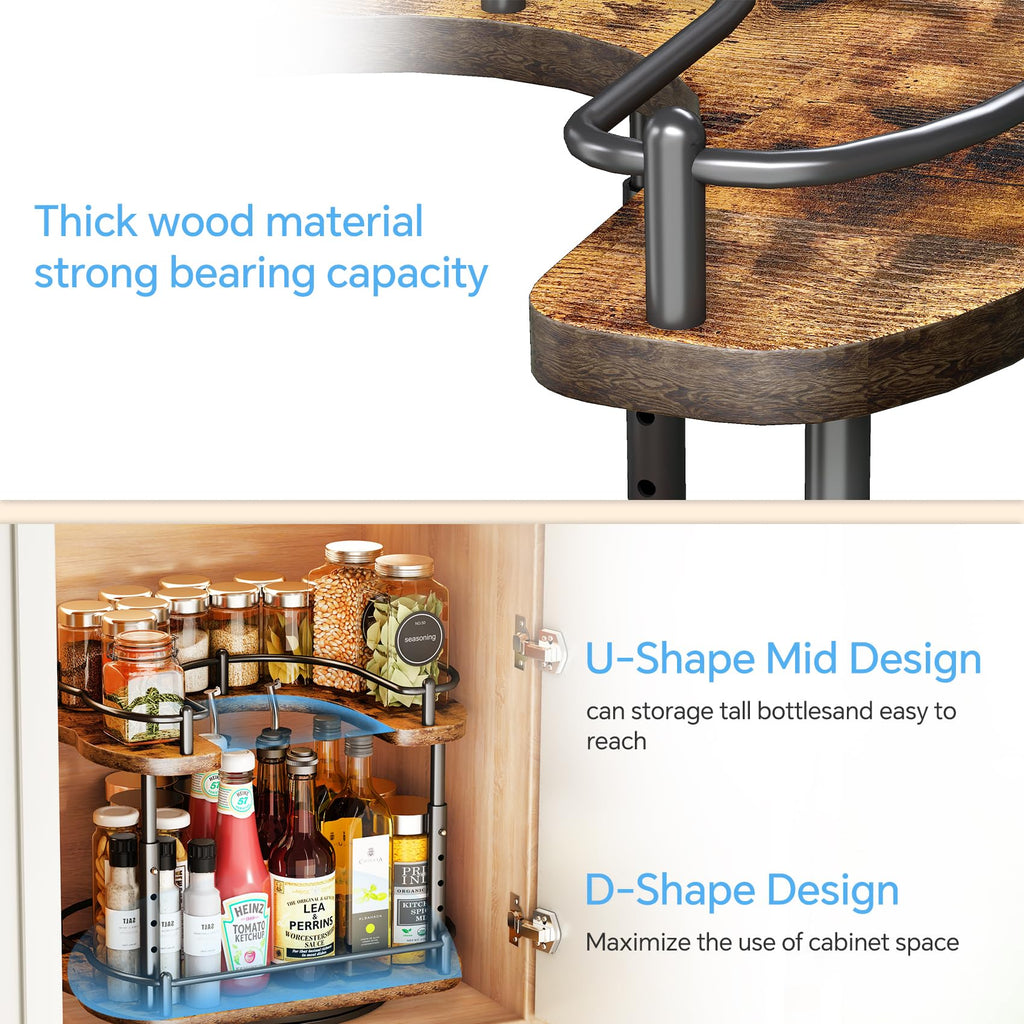 Lazy Susan Organizer Spice Rack - Spice Organization for Cabinet Height Adjustable Rotating Lazy Turntable, Pantry Kitchen Wood Revolving Seasoning Organizer (12 Inch)