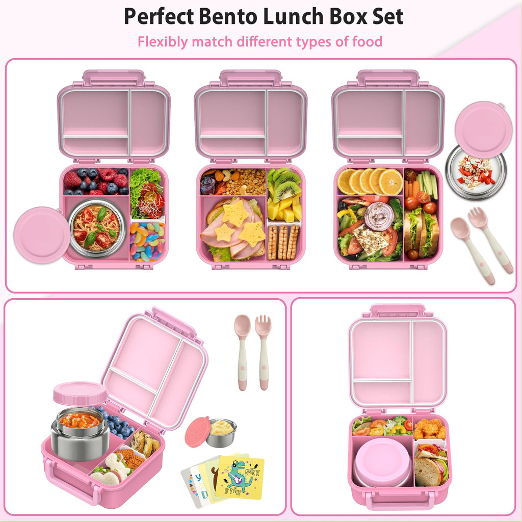 Kids Bento Lunch Box with 9oz Soup Thermo Leakproof Lunch Food Containers 4 Compartment with Insulated Hot Food Jar for Kid Toddler Girls Boys to School Trvael