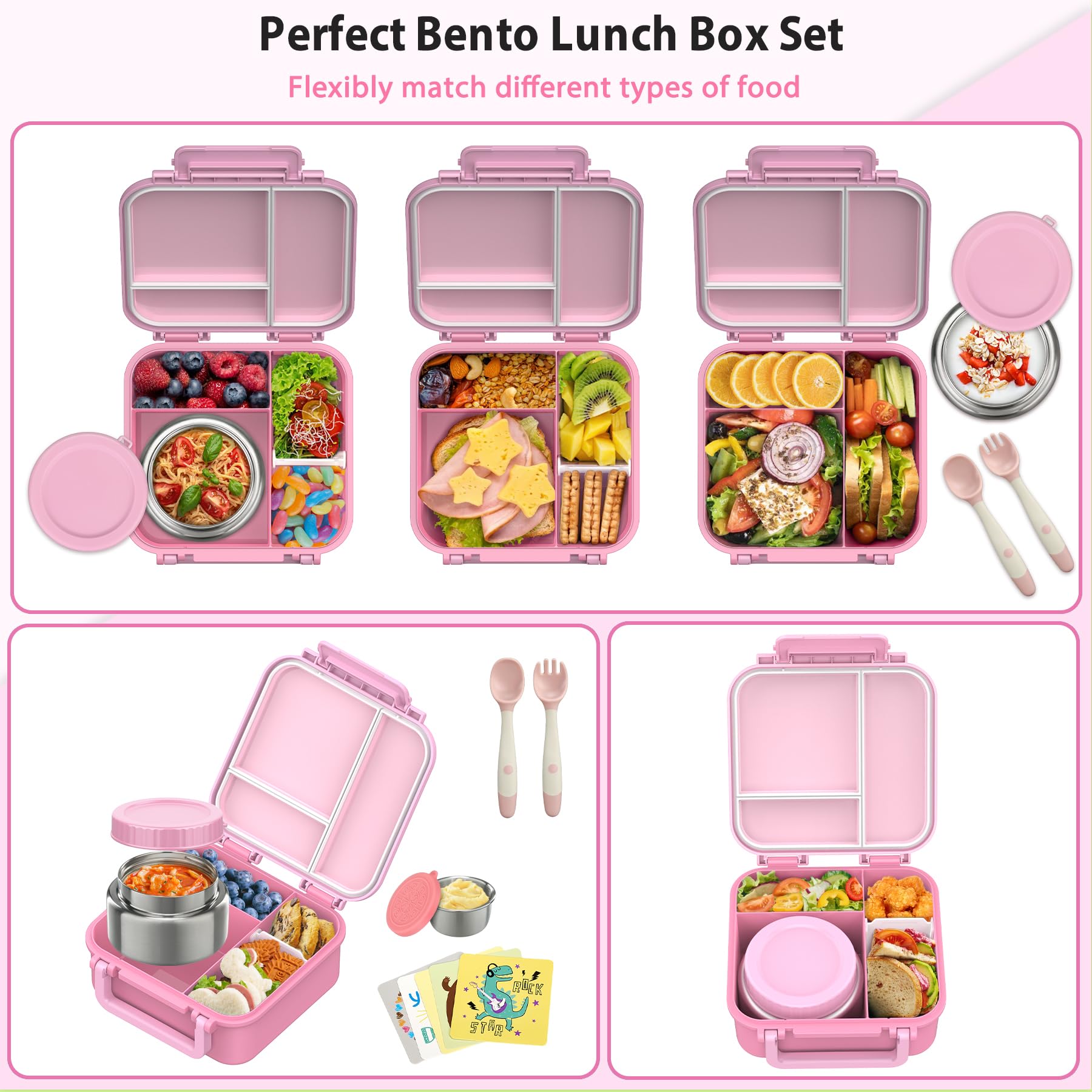 Kids Bento Lunch Box with 9oz Soup Thermo Leakproof Lunch Food Containers 4 Compartment with Insulated Hot Food Jar for Kid Toddler Girls Boys to School Trvael