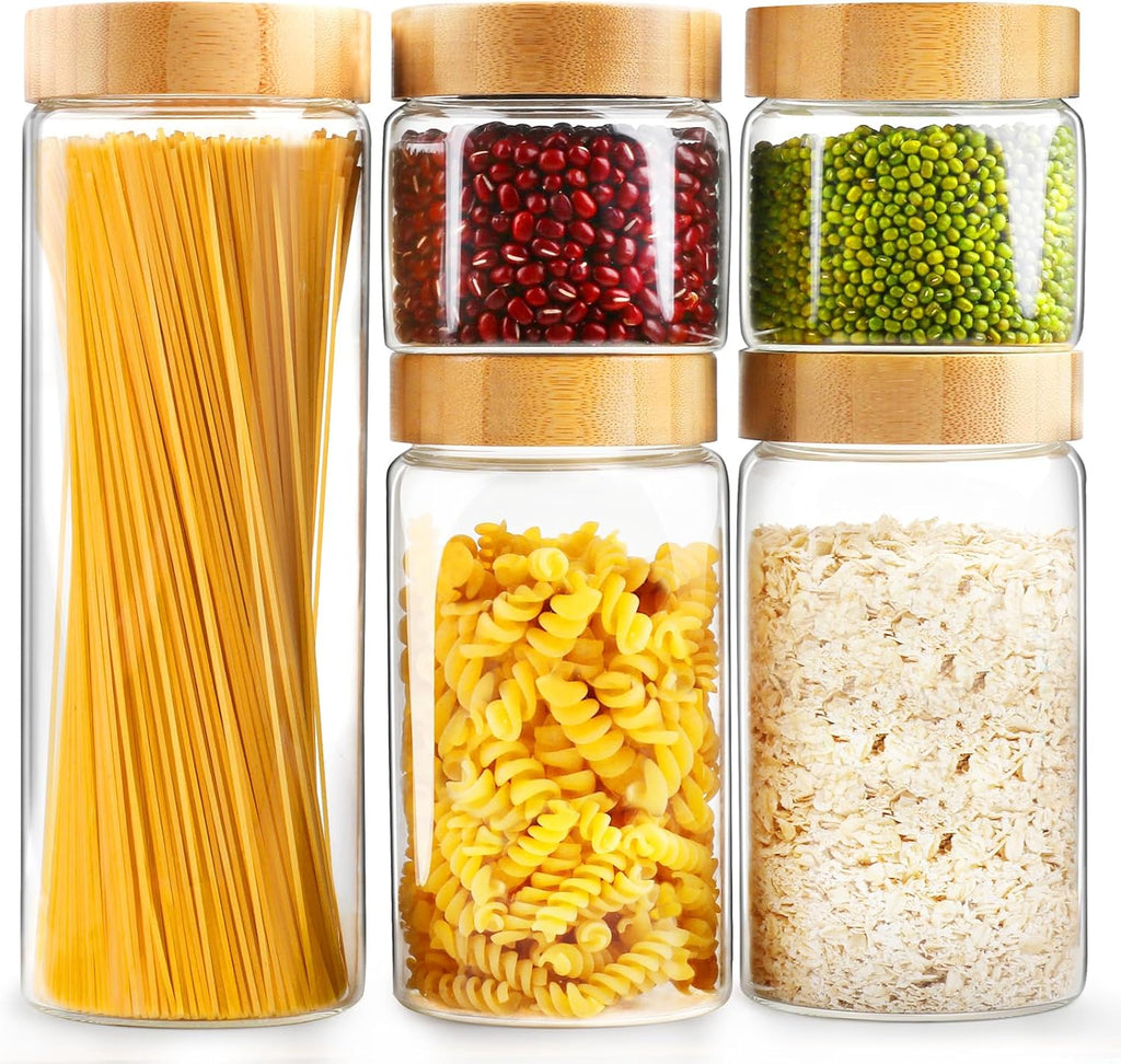 AISIPRIN 24 pcs Spice Jars with Lable & 5pcs Airtight Glass Jar with Lid for Cookie, Pasta, Cereal Storage Containers