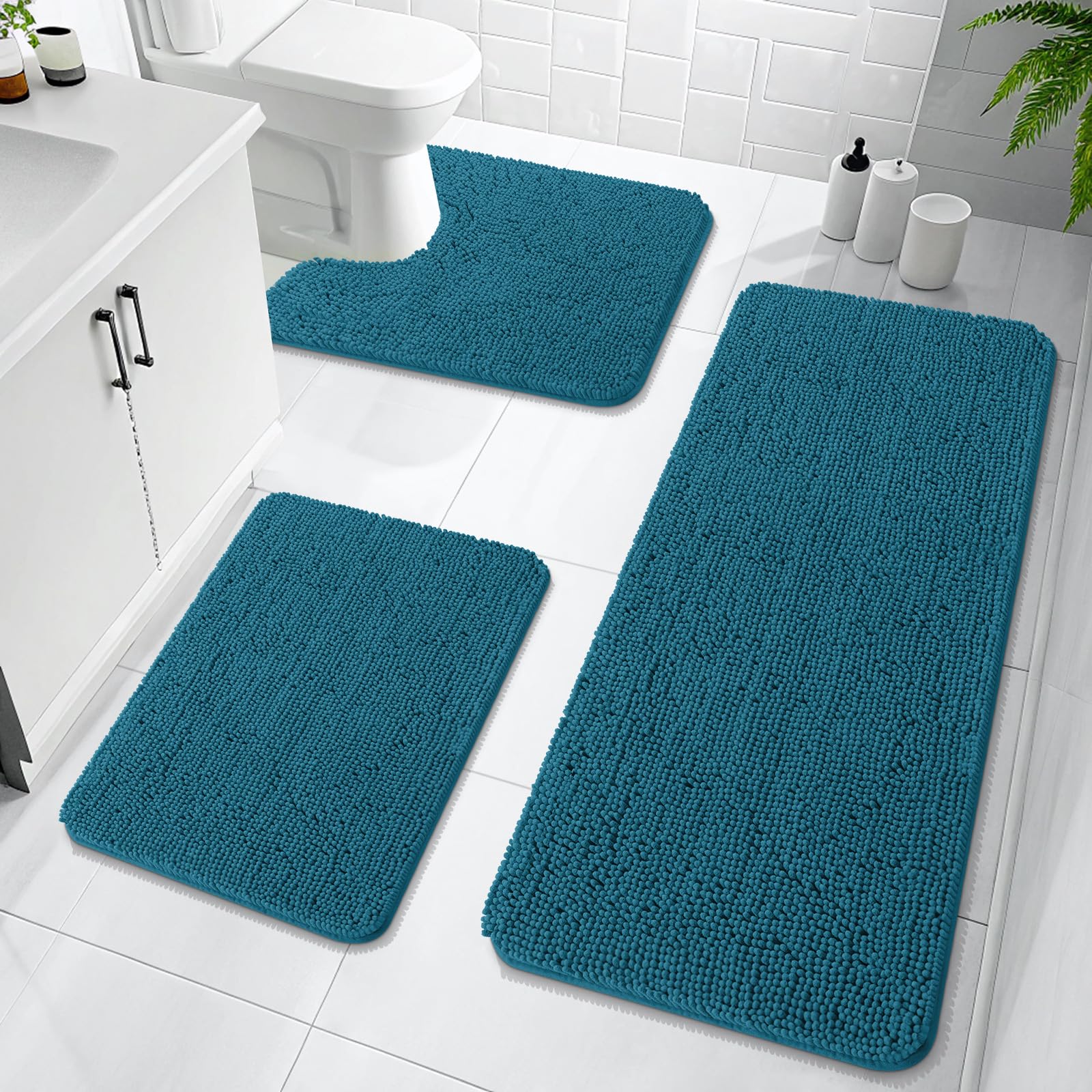 OLANLY Bathroom Rugs Sets 3 Piece, Soft Absorbent Chenille Bath Mats and U-Shaped Contour Toilet Rug, Quick Dry, Home Decor Accessories, Bath Mat Set for Bathroom (30"x20"+24"x16"+24"x20", Grey)