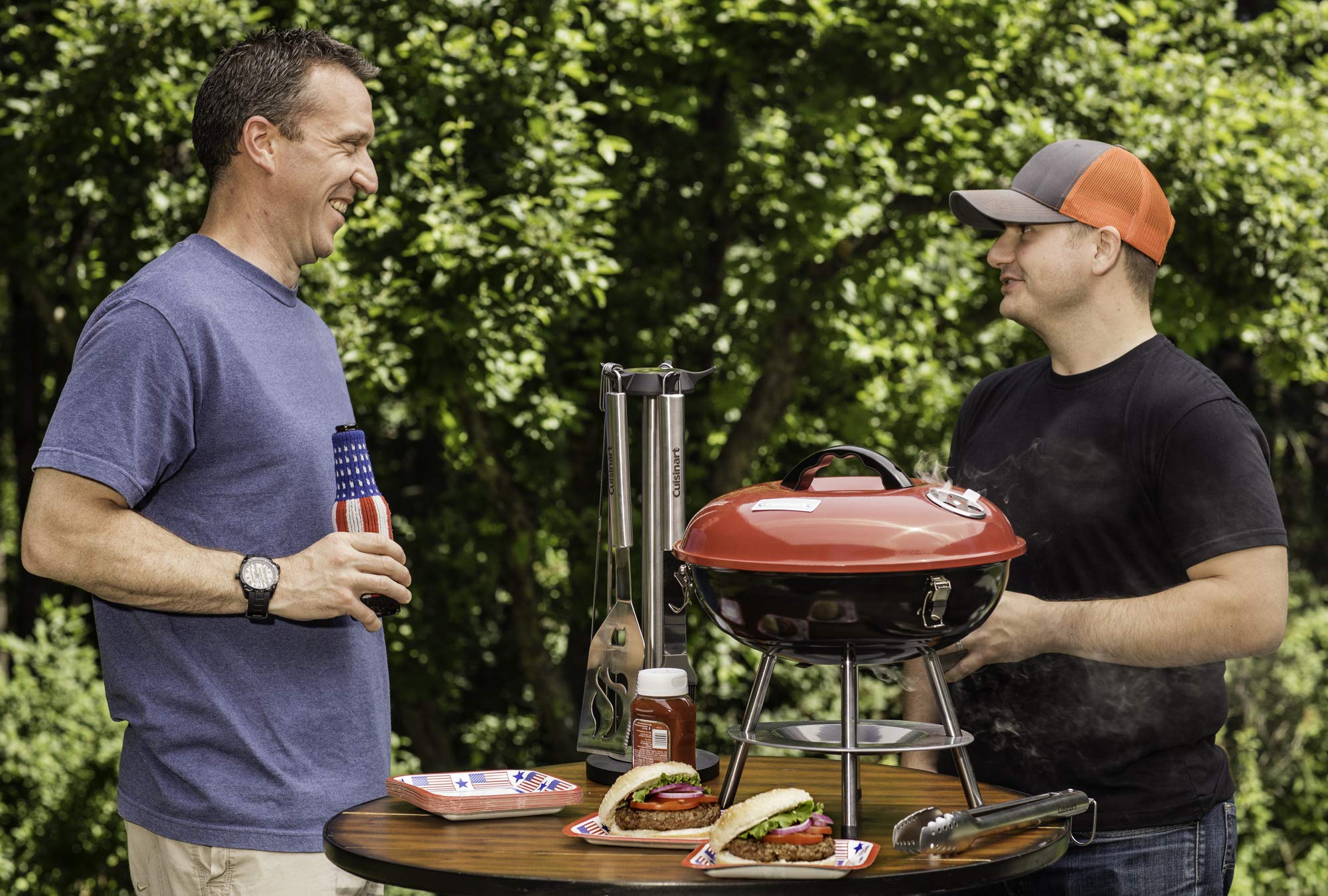 Cuisinart 14" Portable Charcoal Grill, Tabletop Outdoor Small Grill with Locking Lid and Dual Vents, Chrome Plated Travel Size BBQ Perfect for Camping, Tailgates, Cookouts, Red