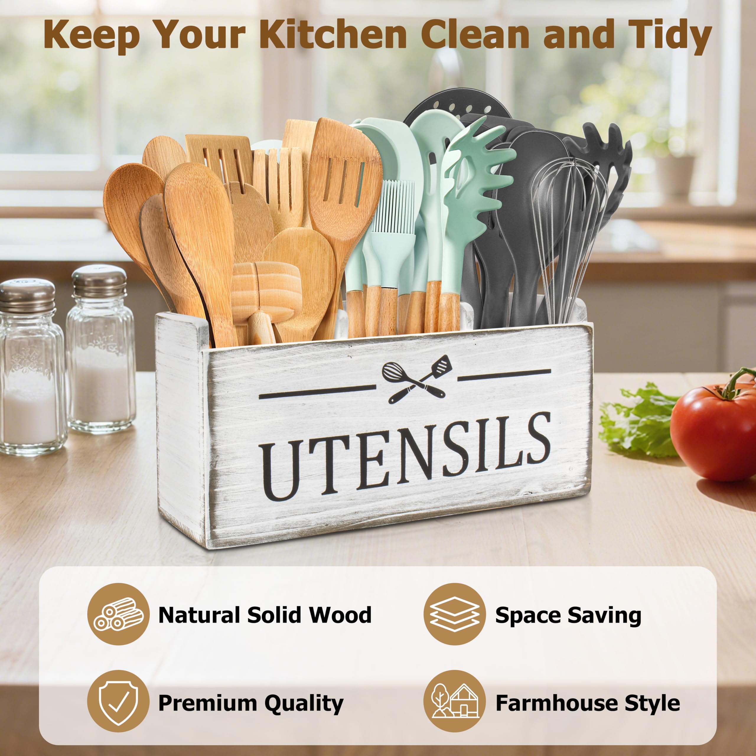 RedCall Wooden Kitchen Utensil Holder for Counter-top,Large Utensil Organizer for Storage Cooking Tool and Silverware,Extra Large Rustic Wood Container (Black)