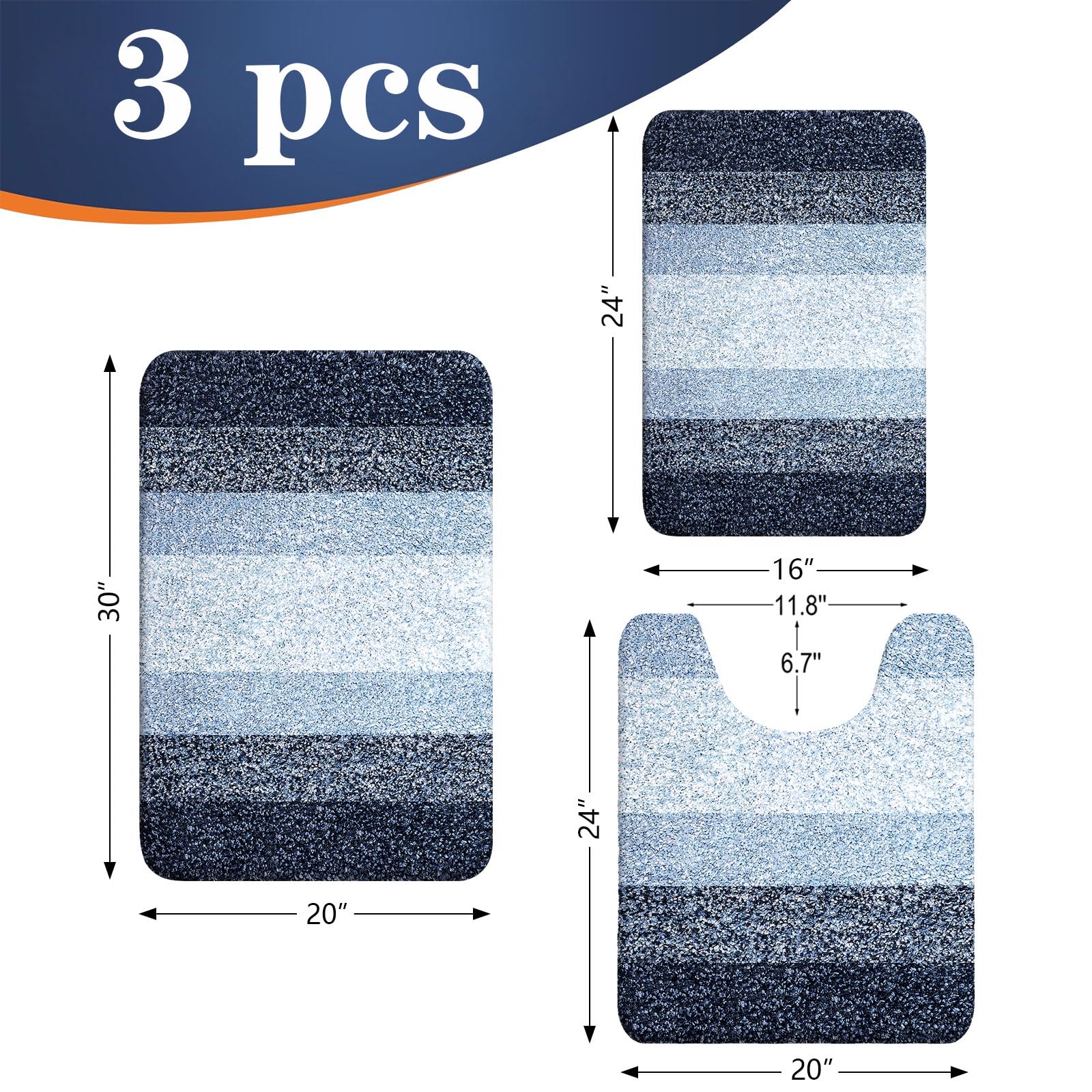 OLANLY Bathroom Rugs Sets 3 Piece, Soft Absorbent Microfiber Bath Mats and U-Shaped Contour Toilet Rug, Machine Wash Dry, Plush Shaggy Bath Mat Set for Bathroom (30"x20"+24"x16"+24"x20", Grey)